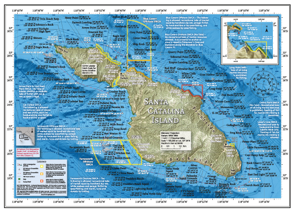 Overview map of the entire island, showing popular fishing and diving spots at Catalina Island and marine reserves