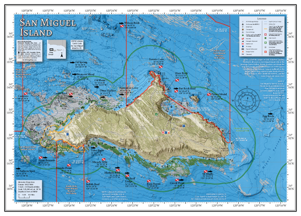Our San Miguel Island map includes GPS locations of the popular fishing and diving spots from the Richardson Rock closure all the way across the island to the San Miguel Passage and north to Wilson Rock, including landing information for Cuyler Harbor, marine reserve boundaries and special rules for the west end near Pt Bennett