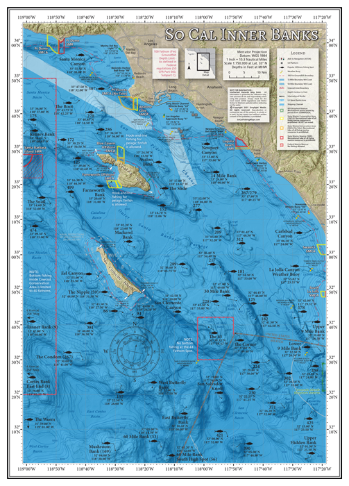 Our Inner Banks map covers offshore fishing banks and canyons of the Southern California Bight from Pt Dume, south across the border to the 302 and Upper Hidden Bank in Mexican waters