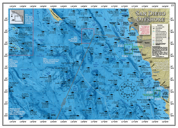 Our map of the offshore fishing areas, outer banks, seamounts and submarine canyons to the west of San Diego, from Tanner Banks and the Dumping Grounds to the west, and south to the Double 220 and Banda Bank off Ensenada