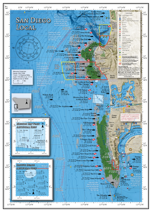 Our San Diego Local map covers the San Diego County coast from Torrey Pines to San Diego Bay's Whistler Buoy, featuring popular fishing and diving spots from the La Jolla Kelp to the Point Loma Kelp and all points in between