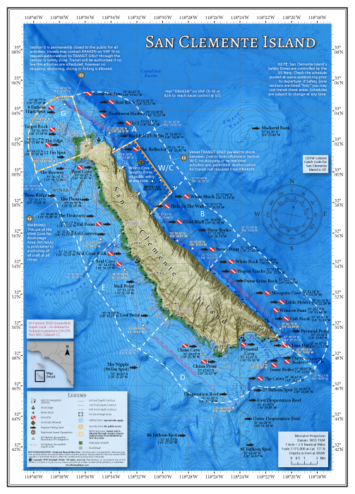 Fishing and diving map of San Clemente Island showing the GPS location of popular fishing and diving spots, Navy closure zones, rules and GPS boundaries, local landmarks, shipwrecks, reefs, kelp beds and more