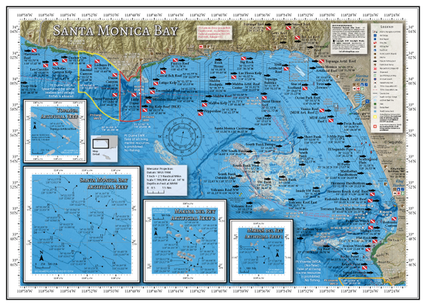 Our Santa Monica Bay map covers the fishing and diving spots along the Los Angeles County coastline from the Ventura County Line to Point Vicente, including the Short Banks area of Santa Monica Bay