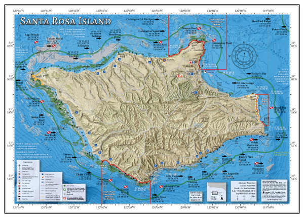 Our Santa Rosa Island map includes GPS locations of popular fishing and diving spots, vessel landing information, seasonal shoreline closures, marine reserve boundaries and rules, and popular anchorages