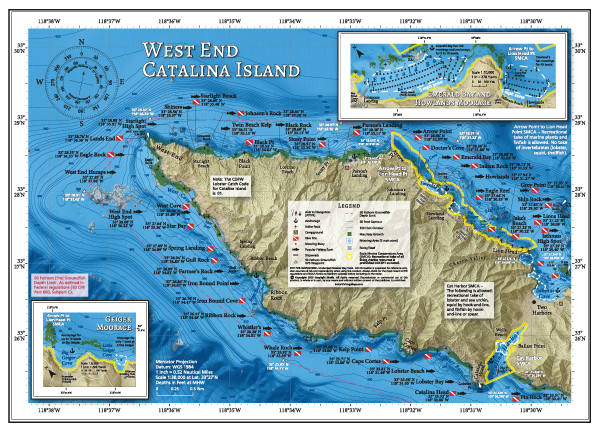 Our West End map showing popular fishing and diving spots at the West End of Catalina Island, from Isthmus Cove and around the West End to Cat Harbor