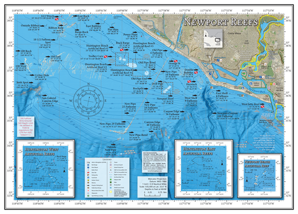 Our Newport Reefs fishing map covers inshore waters north of Newport Harbor, from the Huntington Pier to the Newport Harbor entrance, including inset maps of Huntington and Newport Artificial Reefs