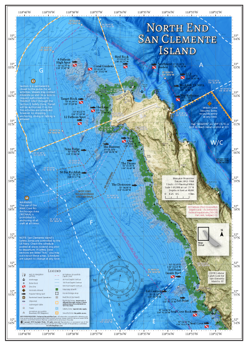 Fishing and fiving map detailing the north end of San Clemente Island, from Seal Cove on the Backside, to Wilson Cove on the Frontside