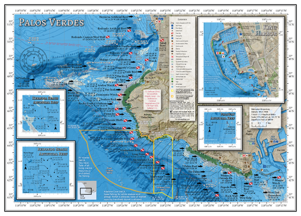 Our Palos Verdes map covers the fishing and diving spots along the Palos Verdes Peninsula from King Harbor to Los Angeles Harbor, including Rocky Point, Point Vicente, Point Fermin and all areas in between