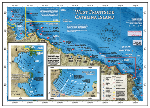 West Frontside map showing popular fishing and diving spots between Isthmus Cove and Long Pt on the Frontside of Catalina Island