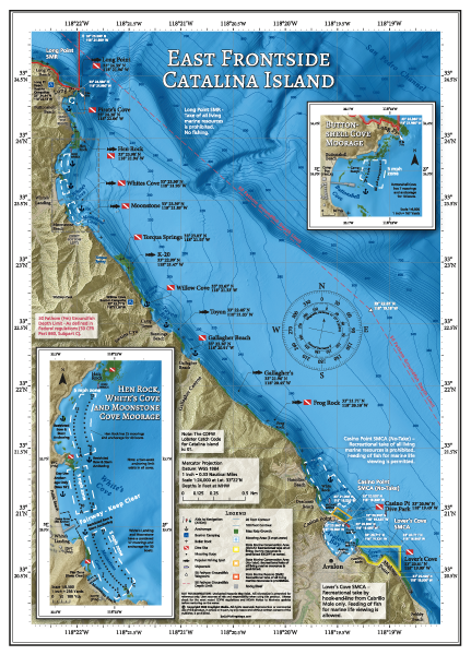 East Frontside Catalina Island Map showing popular fishing and diving spots between Long Point and Avalon Harbor on the Frontside of Catalina Island