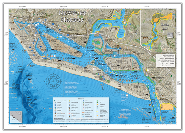 Our fishing and boating map of SoCal's Newport Bay includes small craft harbor facilities like marinas, fuel docks and boat ramps, Harbormaster's Office, transient moorage, swimming areas, public access docks, "No Motor" areas and more