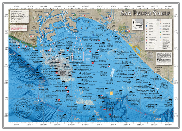 Our San Pedro Shelf map covers the fishing and diving spots on the continental shelf offshore LA Harbor and Long Beach, including the coastline from White’s Point at Palos Verdes to the Newport Pipe and offshore to the Long Beach oil rigs, Southeast Bank, the Mussel Farm, the 108 and the 150 areas