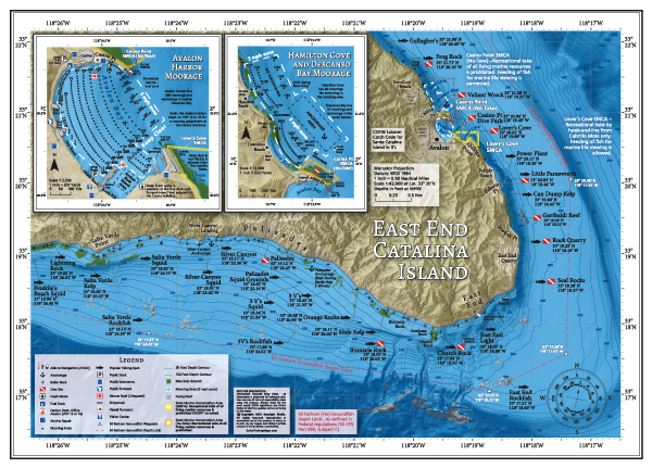 East End Catalina Island Map showing popular fishing and diving spots at the East End of Catalina Island, from Frog Rock around the East End to Salta Verde