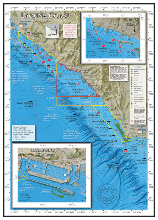 Our Laguna Coast fishing map covers Orange County's inshore waters between Newport Harbor and Dana Point, including inset maps of Laguna Beach dive areas and Dana Pt Harbor