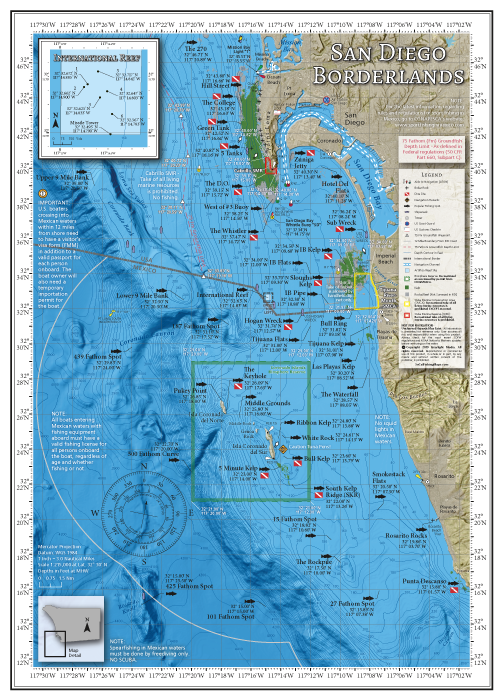Our San Diego Borderlands map covers the San Diego coast near the Mexican border, from Mission Bay south to Popotla in northern Baja