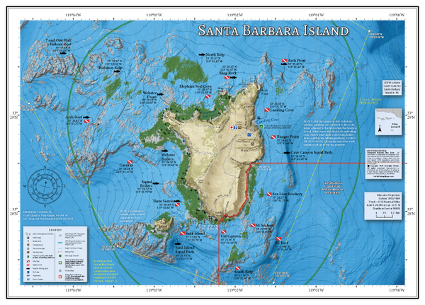 Our Santa Barbara Island fishing and diving map covers the nearshore shelf around the island, including easy-to-use landing procedures, National Park public facilities, and marine reserve boundaries