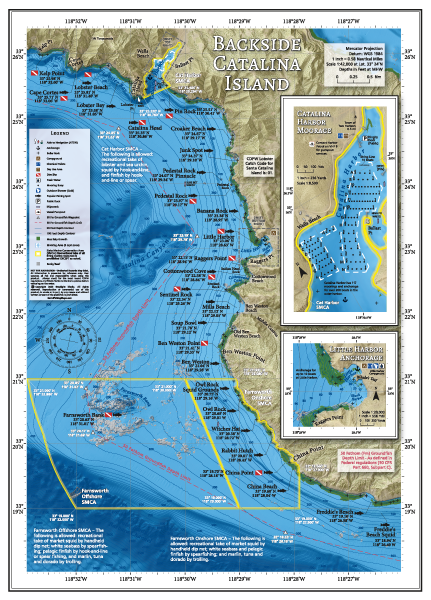 Backside Catalina Island Map showing popular fishing and diving spots on the Backside of Catalina Island, from Cape Cortes to China Point and offshore to Farnsworth Bank