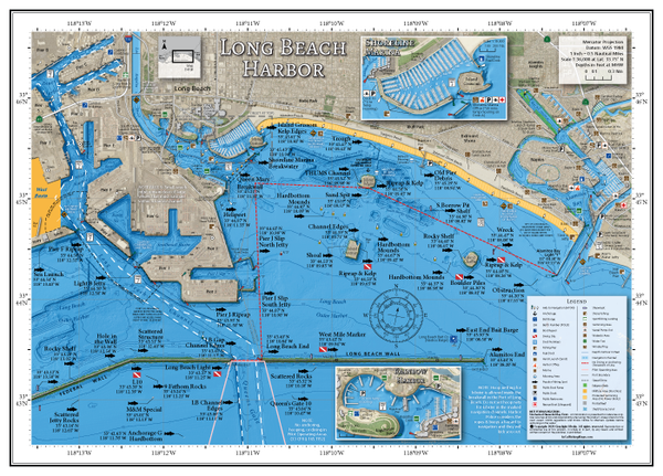 Our Long Beach Harbor map, which covers the fishing and diving spots from outside the Wall to the Long Beach Inner Harbor, features Port of Long Beach boundaries, closed areas, hoop netting limits and dive boundaries