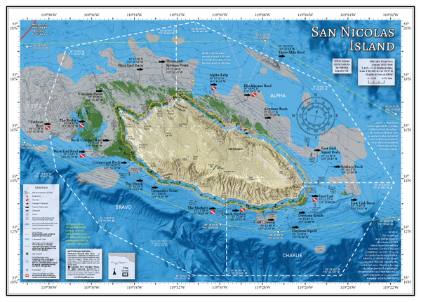Map showing popular fishing and diving spots at San Nicolas Island, including boundaries of the Navy restrictions at the island like the 300-yard No Entry buffer, Restricted Areas A, B, C with GPS and the Special Anchorage Area at the East End