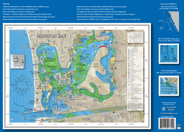 Back cover of the Private Boater's Guide to San Diego County, featuring a comprehensive fishing and boating map of Mission Bay