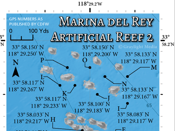 Large-scale artificial reef maps with shaded relief, hard bottom data and a GPS grid overlay
