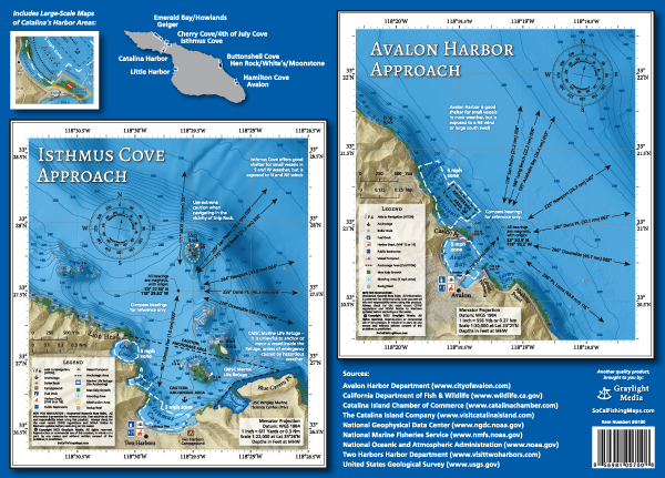 The back cover of our Catalina Boater's Guide has 2 separate maps showing approach bearings and surrounding detail of Isthmus Cove and Avalon Harbor, the two main destinations at Catalina Island