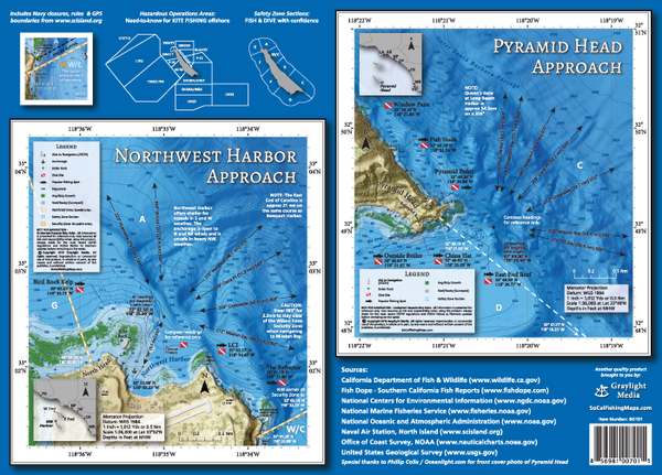 Back cover of the San Clemente Island Private Boater's Guide, detailing the approaches to the San Clemente Island landmarks of Northwest Harbor and Pyramid Head