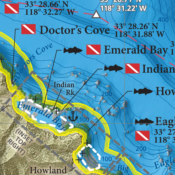 Close-up of West End Catalina Island fishing and diving map, showing popular fishing and dive spots in the vicinity of Emerald Bay