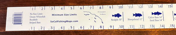 Picture of our SoCal Fish Ruler laying on a table, with minimum size limits shown for sculpin, sheepshead, sand bass and calico bass