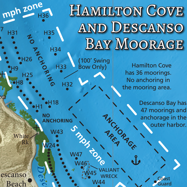 Close-up of Hamilton Cove Moorage Area map at Catalina Island, showing mooring area boundaries, mooring buoy site numbers, anchorages and more