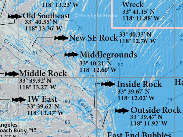 Close-up of Horseshoe Kelp fishing and diving map, including popular fishing spot names with gps and hard-bottom features of sand and rock