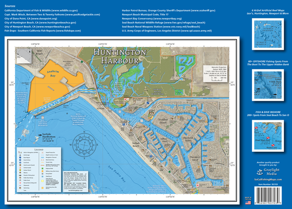 Recreational boating map of Huntington Harbor, including the new public boating channel for Huntington Harbour which the Navy rerouted the old channel and made Anaheim Bay off limits