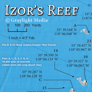 Inset map showing shaded relief and hardbottom areas of Izor's Reef, from our Huntington Flats fishing map