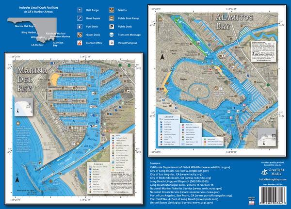 Back cover of the Private Boater's Guide to Los Angeles County, featuring recreational boating maps of Marina Del Rey Harbor and Alamitos Bay