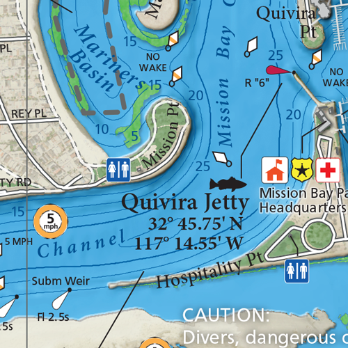 A close-up of our comprehensive fishing and boating map of Mission Bay. Includes small craft harbor facilities, water ski areas, 5 mph zones, waterski take-off and landing zones, swimming areas, lifeguard towers, public bathrooms, public access docks, PWC areas and more