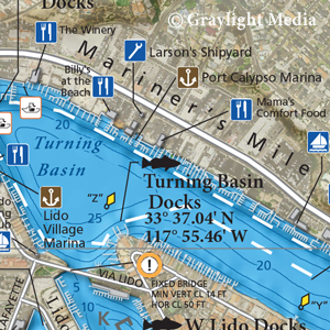 Close-up of our Newport Harbor map showing small craft harbor facilities like marinas, dock n' dine restaurants, sailing clubs, public access docks and more
