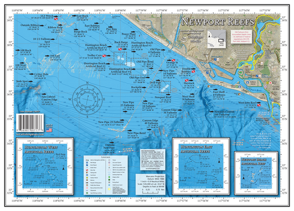 Our Newport Reefs laminated map covers the fishing and diving spots to the north of Newport Harbor, from the Ribbon Kelp off Huntington Pier down to the harbor entrance and outside to the end of New Pipe and the 108
