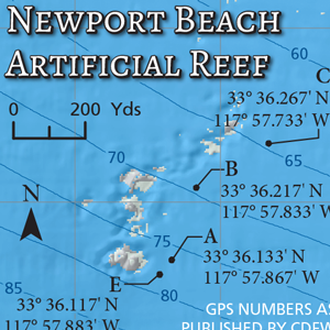 Close-up of our Newport Beach Artificial Reef inset map, with shaded relief and hard botttom data