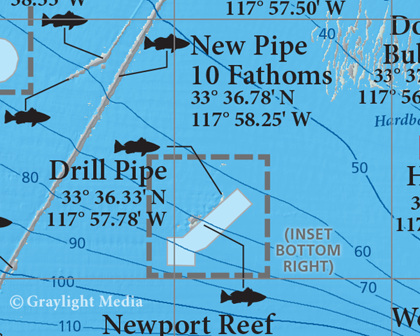 Close-up of our Newport Reefs fishing and diving map, showing the natural and artificial reefs north of Newport Harbor