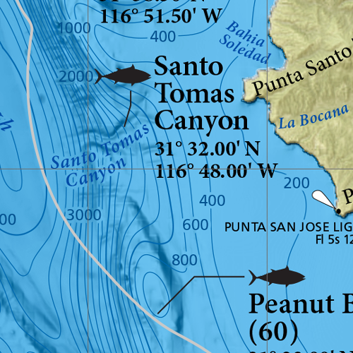 Close-up of our Northern Baja Offshore map, showing the GPS location of popular fishing spots, the 12-mile and 50-mile boundaries for boating into Mexico, Biosphere Reserve boundaries at the Coronado Islands and Islas Todos Santos, important boating landmarks and more