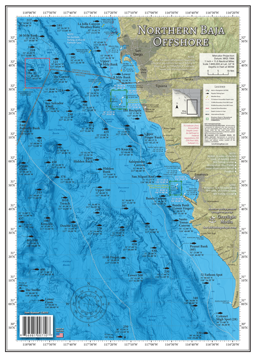 Our Northern Baja Offshore fishing map covers San Diego's offshore fishing areas, outer banks, canyons and seamounts to the south, from the 181 and The Ridge to Punta Colonet off northern Baja