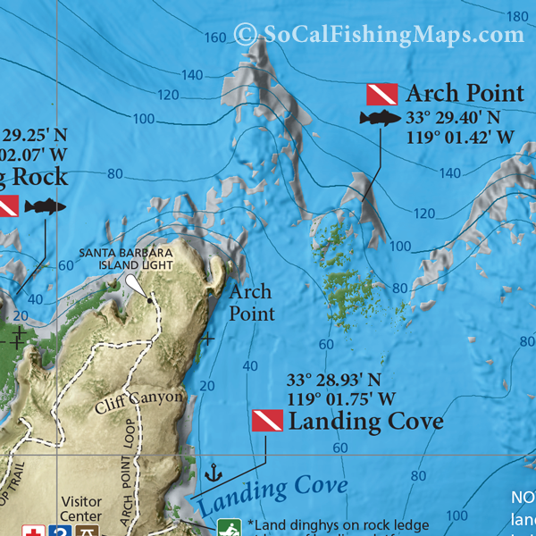 Close-up of Santa Barbara Island fishing and diving map, showing the rocky reef areas and kelp around Arch Point