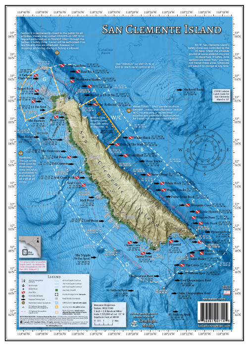 Our overview map of San Clemente Island details the popular fishing and diving areas at SCI, showing the GPS location of popular fishing and diving spots, Navy closure zones, rules and GPS boundaries, local landmarks, shipwrecks, reefs, kelp beds and more