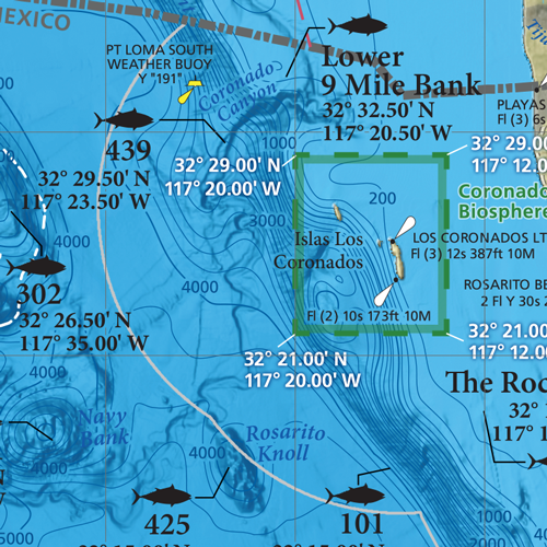Close-up of our San Diego Offshore fishing map and the Coronado Islands Biosphere Reserve