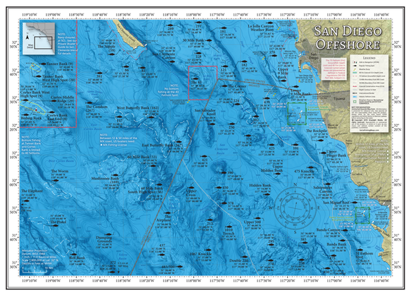 Our San Diego Offshore fishing map covers San Diego's offshore fishing areas, outer banks, canyons and seamounts out to the west, from Tanner Banks to Banda Bank off northern Baja