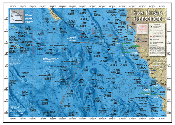 The 33.5 x 24-inch poster version of San Diego's offshore fishing areas, covering from Tanner Banks to the Dumping Grounds out to the west, and south to the Double 220 and Banda Bank off Ensenada