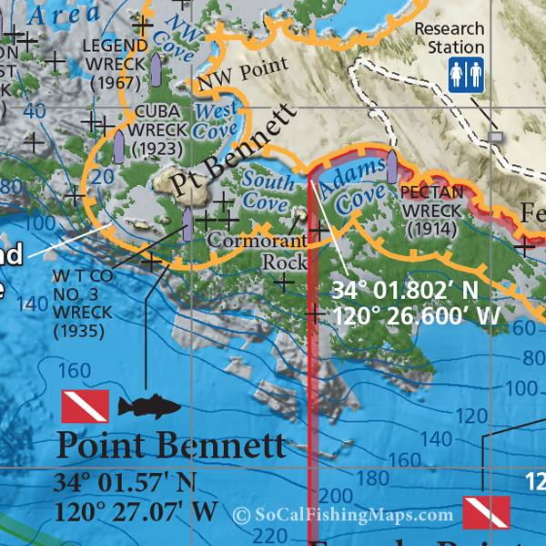 Close-up of San Miguel Island fishing and diving map at Point Bennett