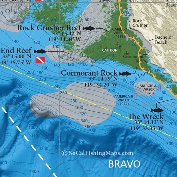 Close-up of our San Nicolas Island fishing and diving map, showing the rocky reef areas at the West End