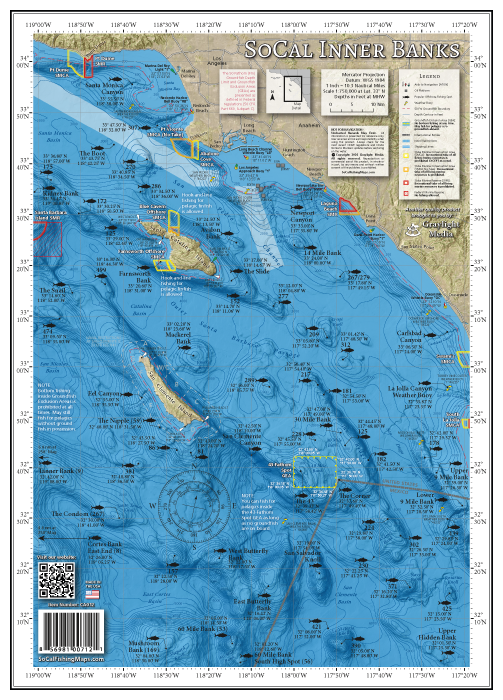 Map of the offshore fishing areas, banks, seamounts and submarine canyons of the Southern California Bight and south into Mexican waters.