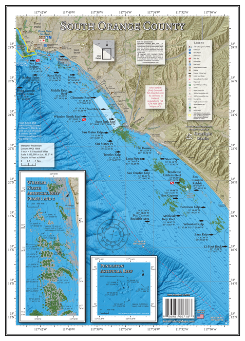 Our South Orange County laminated map covers the fishing and diving spots to the south of Dana Point Harbor, from the Barber Poles to the Barn Kelp and out to the Box Canyon rockfish area